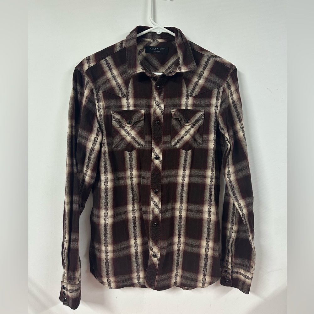 AllSaints Hellertown LS Flannel Shirt Pearl Snap Red Cream Tribal Men’s XS